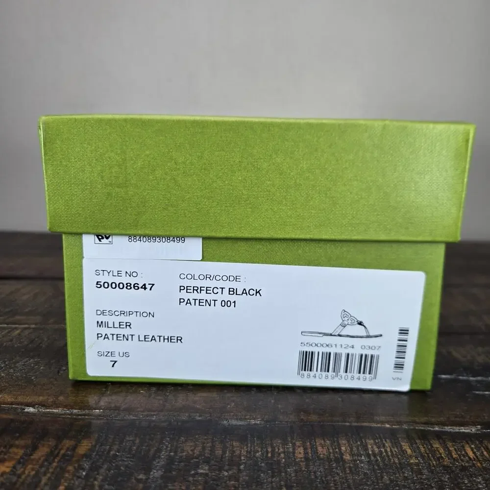 NEW Tory Burch Miller Patent Leather Womens Size 7 Logo Sandals Flip Flops Black
